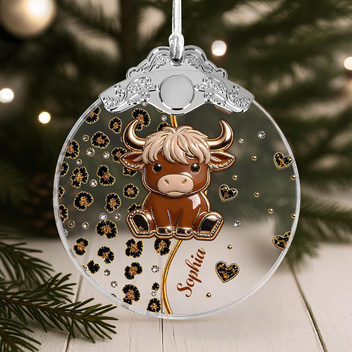 Cute Highland Cow, Personalized Glass Ornament, Gift For Cow Lovers