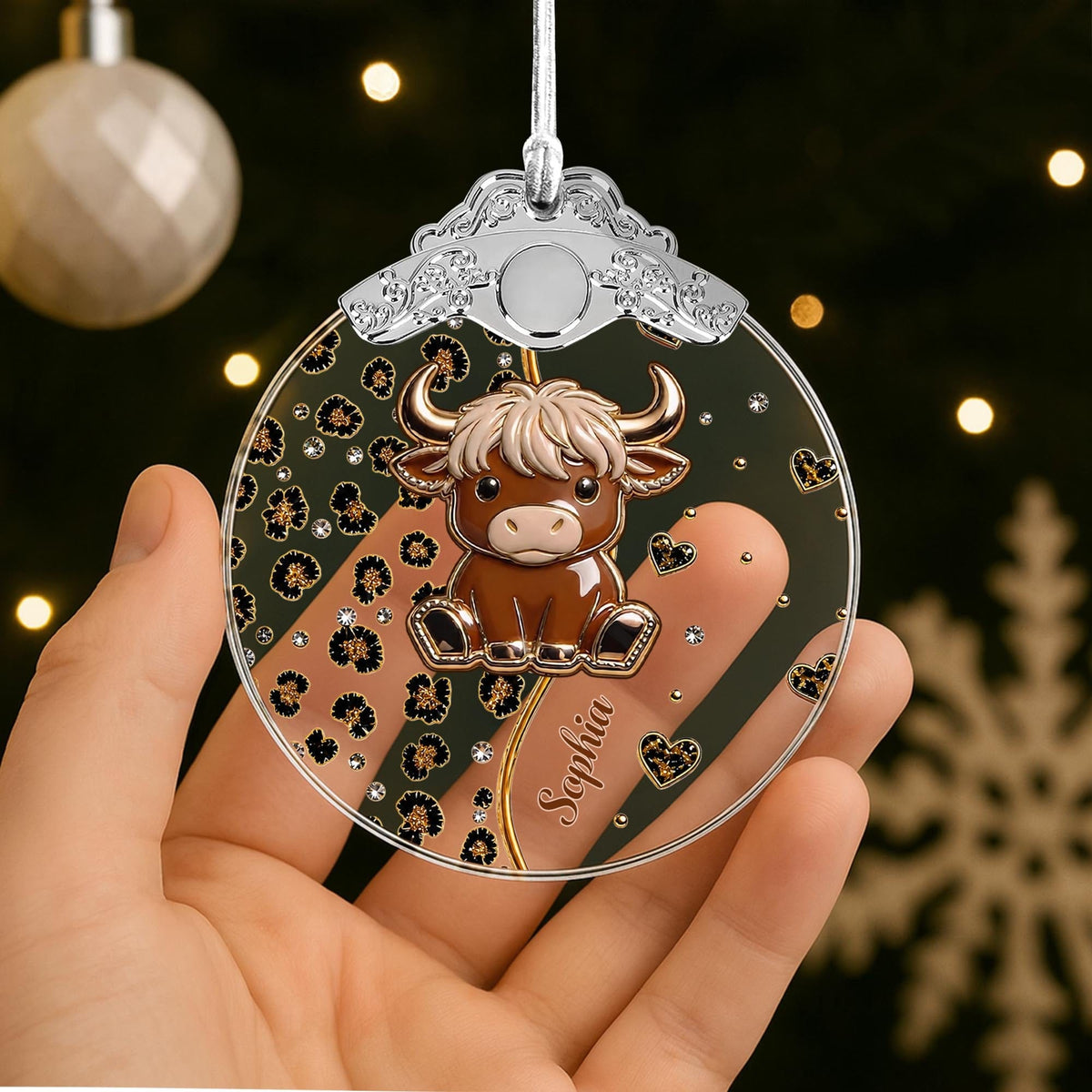 Cute Highland Cow, Personalized Glass Ornament, Gift For Cow Lovers - 3