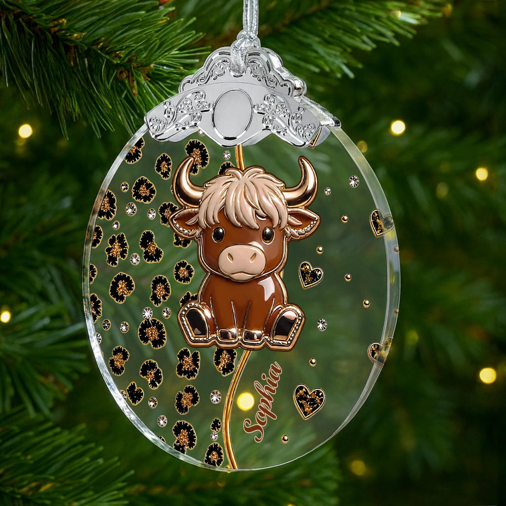 Cute Highland Cow, Personalized Glass Ornament, Gift For Cow Lovers - 4