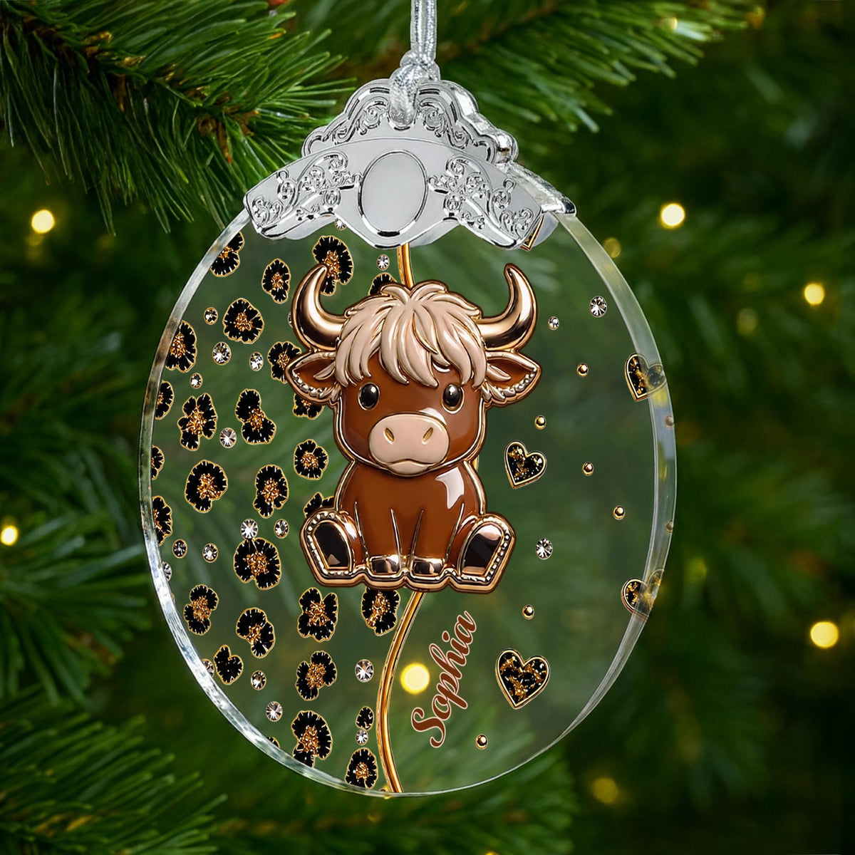 Cute Highland Cow, Personalized Glass Ornament, Gift For Cow Lovers - 4