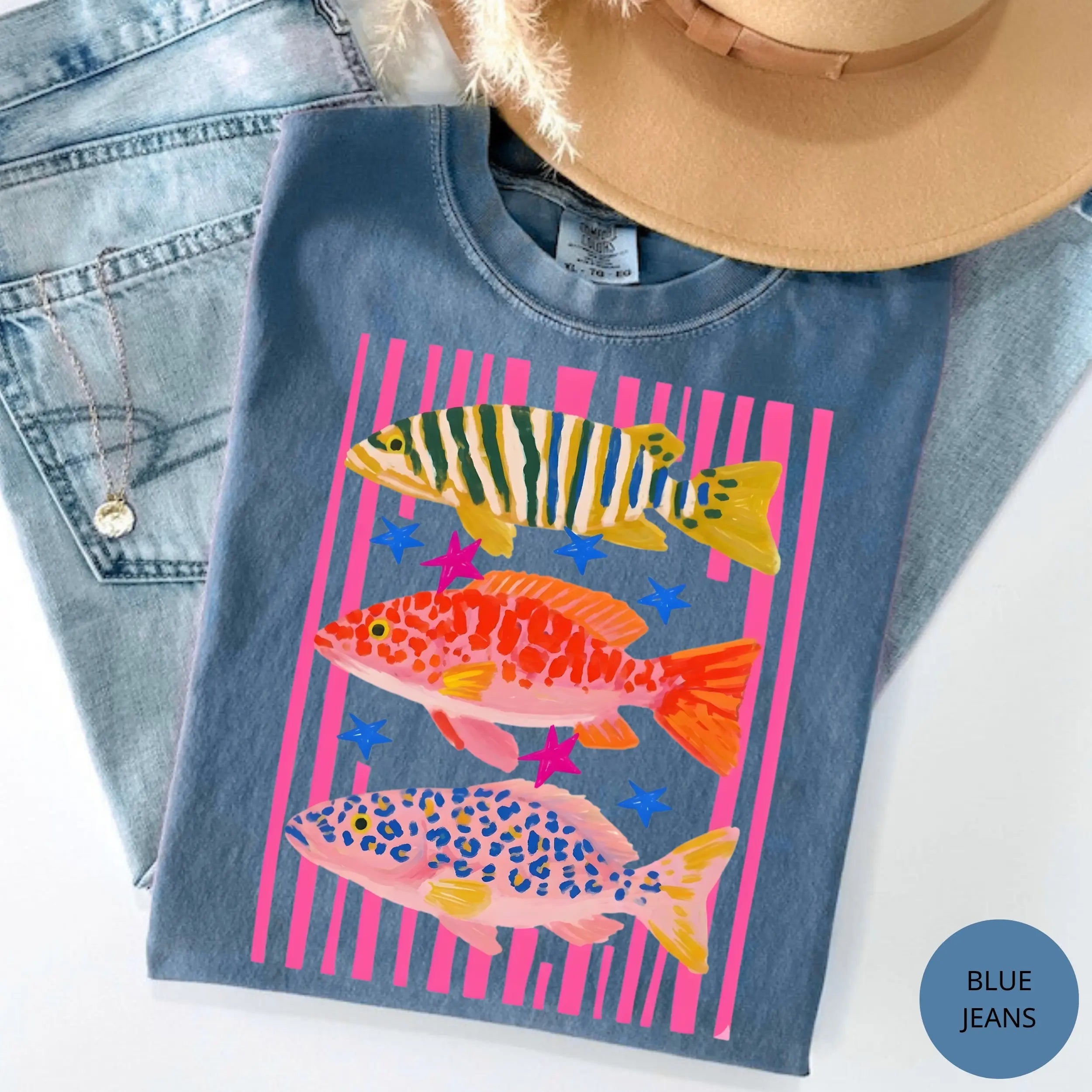 Preppy Fish Graphic T-Shirt | Colorful Summer Fishing Tee for Women Girls