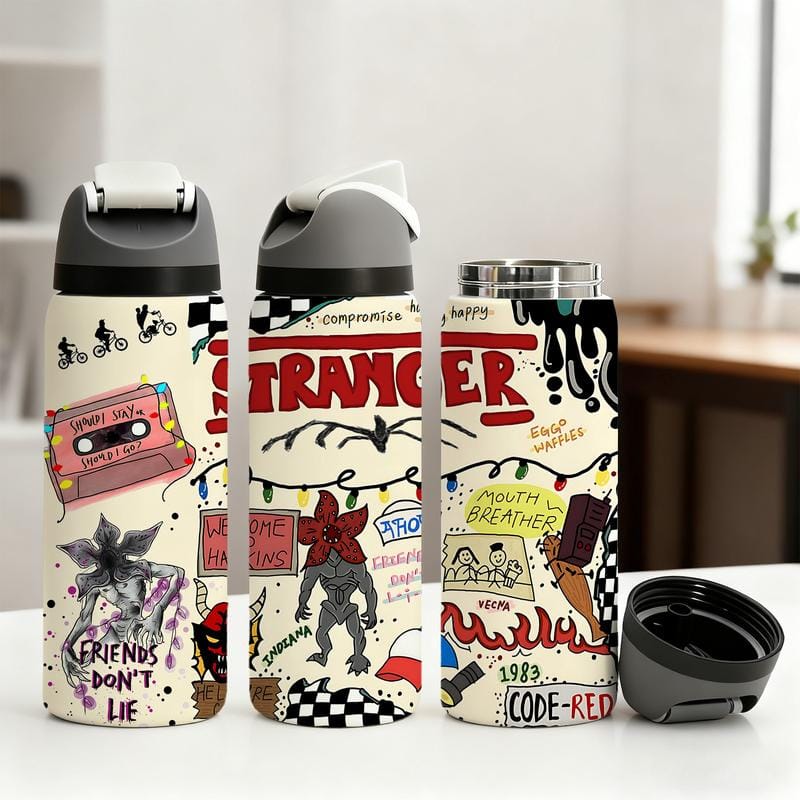 Double-Wall Stainless Steel Vacuum Cup - 19/24/32oz Insulated Mug with Flip Lid, Leak-Proof Skinny Travel Thermal Mug - Retro Horror Graffiti-Print, 12H Hot & 24H Cold Retention