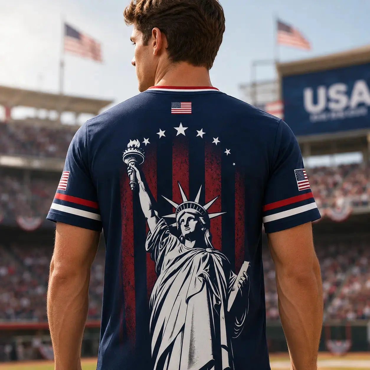 USA Flag Soccer Jersey for Men & Women with Statue of Liberty Graphic V-Neck Athletic Tee
