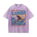 Men's Unisex Cotton Round Neck Oversized Washed T-Shirt - Christian Streetwear, Jonah and the Whale Graphic, \"Get In Loser We're Doing God's Will\" Verse, Faith Humor Fabric Style Religious Gift