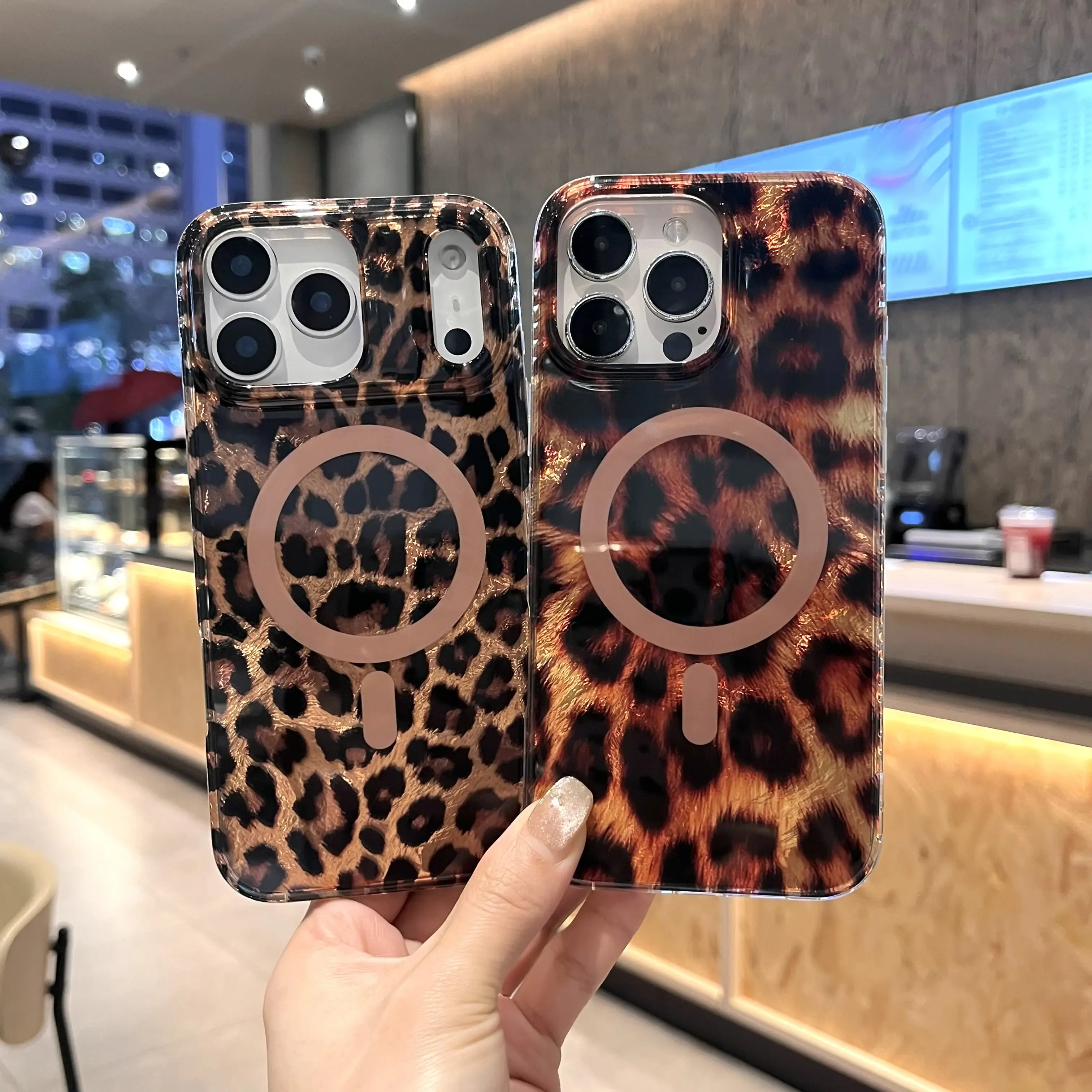 Leopard Cheetah Sparkle MagSafe Case – Glossy Shockproof Silicone Cover for iPhone 17 Pro Max