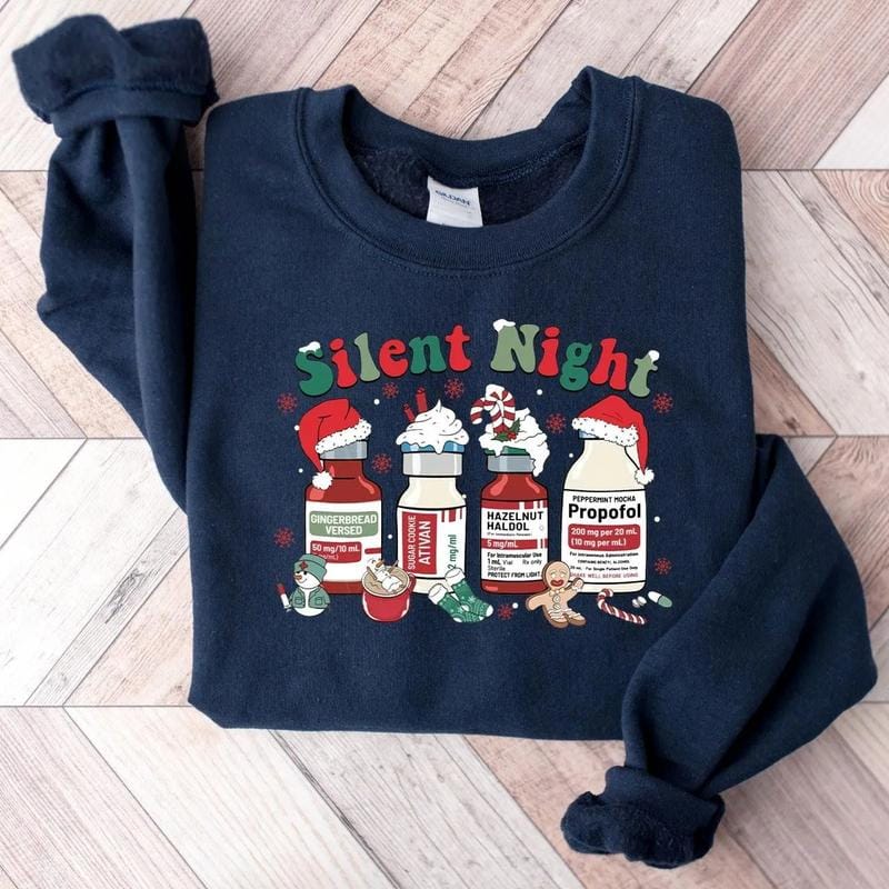 [T-Shirt oder Sweatshirt] Weihnachtspullover „Stille Nacht“, Weihnachtsshirt für Krankenschwestern, Weihnachts-T-Shirt für medizinisches Fachpersonal, Weihnachts-T-Shirt für Intensivpflegekräfte, Weihnachtspullover für Krankenschwestern 