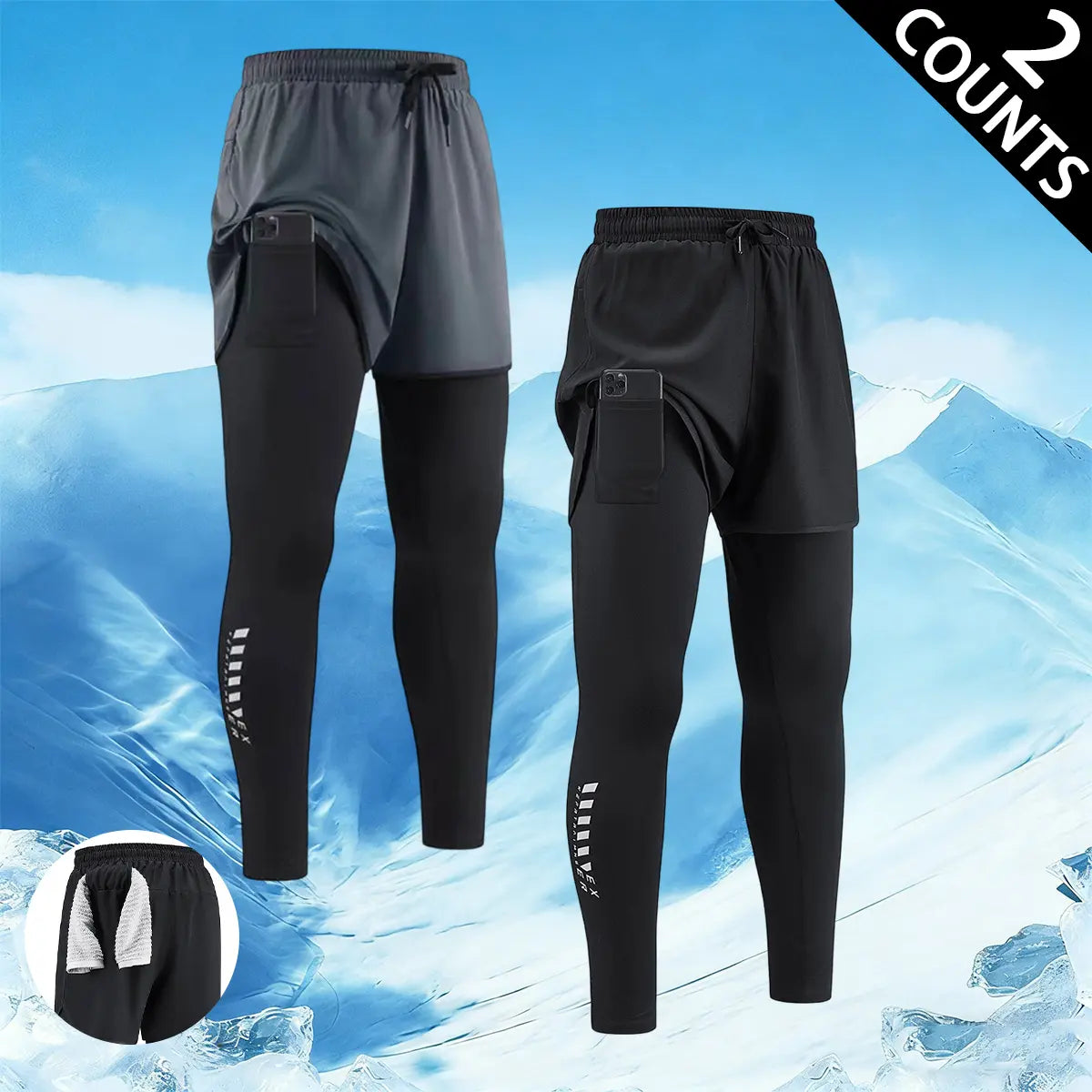 Men's 3-Piece 2-in-1 Running Tights Set - Athletic, Body-Fitting, Multi-Sport Pants with Pockets, Elastic Waistband, Quick-Dry, Breathable, Compression, Sweat-Wicking for Gym, Jogging, Training, Athletic Men's Pants, Body-Fitting Men's Pants