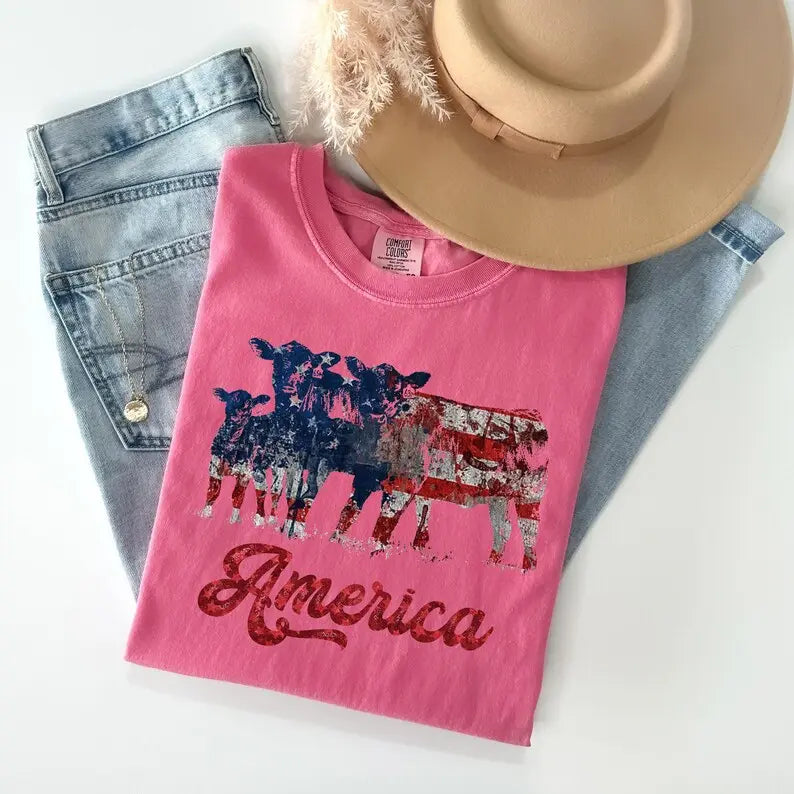 Comfort Colors Patriotic Cattle Tee: Ranching USA Flag Apparel
