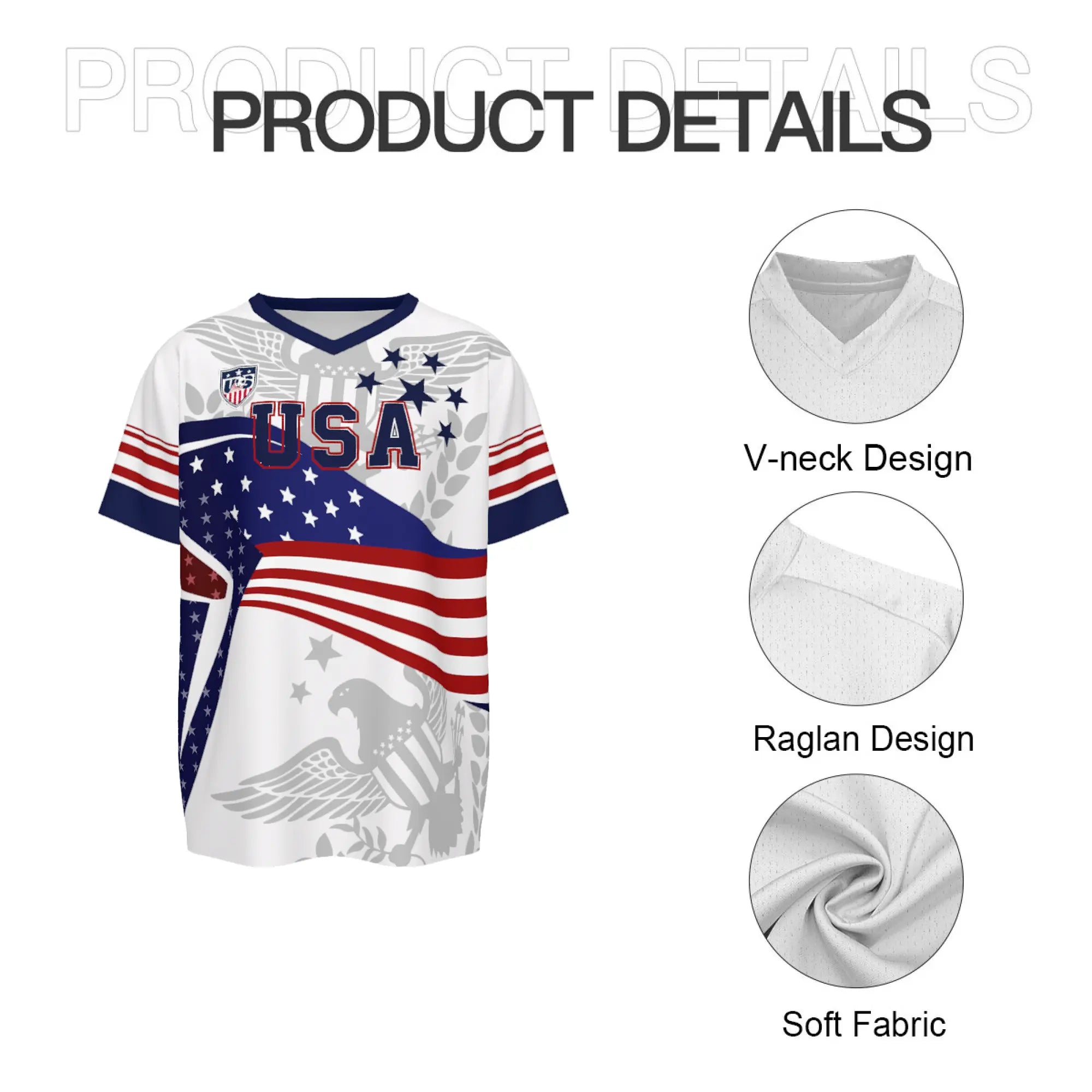 V-Neck USA Bald Eagle Graphic Soccer Jersey - Patriotic America Football Shirt for 2026 Fans & Game Day Outfit