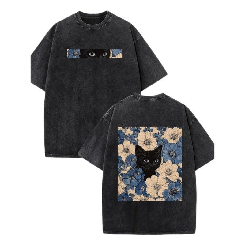 Schwarzes Katzen-Blumenmuster, lustiger Print, Vintage-gewaschenes T-Shirt aus reiner Baumwolle im Y2K-Stil, amerikanischer Streetstyle, geeignet für Damen und Herren. 