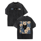 Schwarzes Katzen-Blumenmuster, lustiger Print, Vintage-gewaschenes T-Shirt aus reiner Baumwolle im Y2K-Stil, amerikanischer Streetstyle, geeignet für Damen und Herren. 