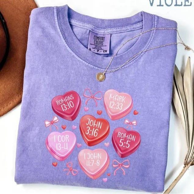 Valentine Comfort Colors Shirt, Candy Hearts Bible Verse Tee