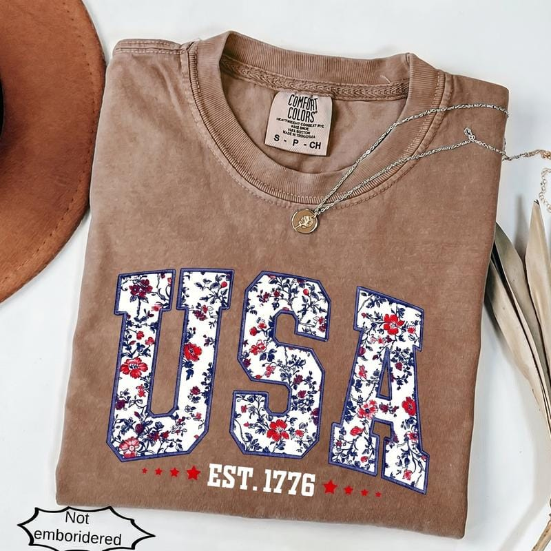 (FAUX EMBROIDERED-PRINT) Comfort Colors Floral USA Shirt, Digital Print, Not Embroidered, vinyl ink, Retro America Shirt, 4th Of July PNG, 4th Of July, Retro USA ,Soft Cotton, Unisex Fit, Classic Design Oversized Womenswear - HARSIN
