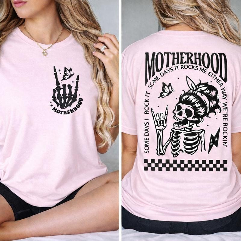 \"Motherhood: Sometimes I Rock It, Sometimes It Rocks Me\" shirt – a perfect unisex cotton tee or sweatshirt for moms, great for Mother's Day!