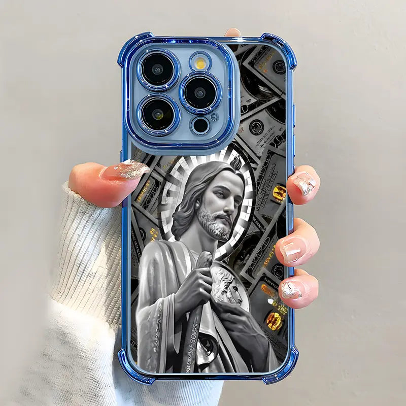 San Judas Tadeo Electroplated TPU Shockproof Phone Case for iPhone X–17 Pro Max