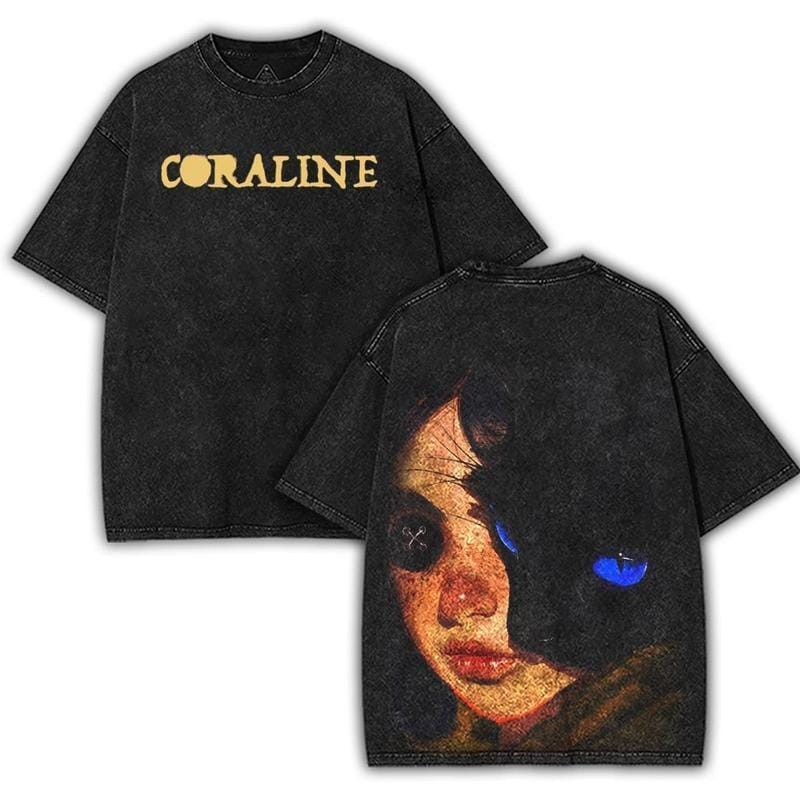 Coraline Retro Vintage Unisex Acid-Washed Heavyweight Cotton Shirt, Coraline Movie Shirts für die Schule, Coraline Merchandise Streetwear Stoff Passform Kleidung 