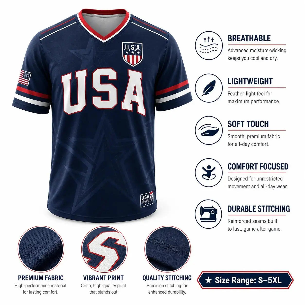 USA Flag Soccer Jersey for Men & Women with Statue of Liberty Graphic V-Neck Athletic Tee