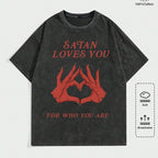 Men's T-Shirt Retro Edgy "Satan Loves You" Graphic Print Loose Fit Short Sleeved Top y2k Vintage Streetwear Christmas Thanksgiving Gift Cyber Monday - Distressed