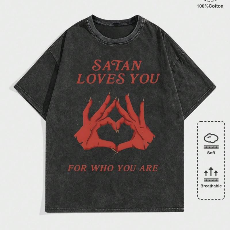 Men's T-Shirt Retro Edgy "Satan Loves You" Graphic Print Loose Fit Short Sleeved Top y2k Vintage Streetwear Christmas Thanksgiving Gift Cyber Monday - Distressed