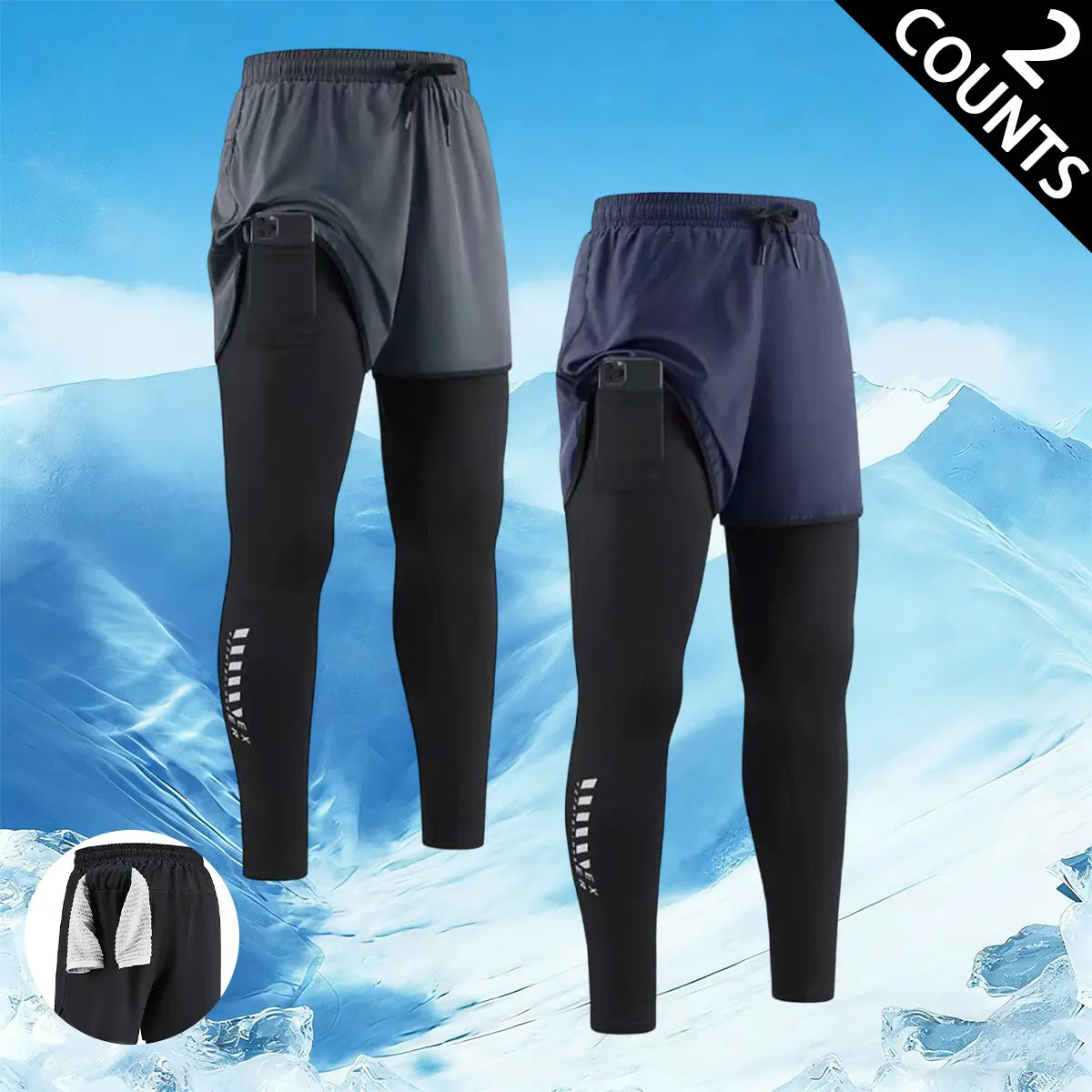 Men's 3-Piece 2-in-1 Running Tights Set - Athletic, Body-Fitting, Multi-Sport Pants with Pockets, Elastic Waistband, Quick-Dry, Breathable, Compression, Sweat-Wicking for Gym, Jogging, Training, Athletic Men's Pants, Body-Fitting Men's Pants