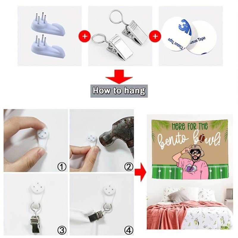 Wall Tapestry Beige And Green With Football Field Design And Text Here For The Benito Bowl Featuring Cartoon Character