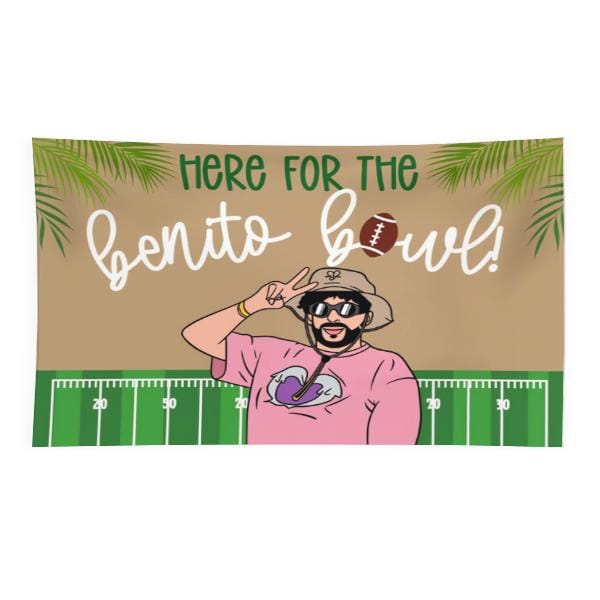 Wall Tapestry Beige And Green With Football Field Design And Text Here For The Benito Bowl Featuring Cartoon Character