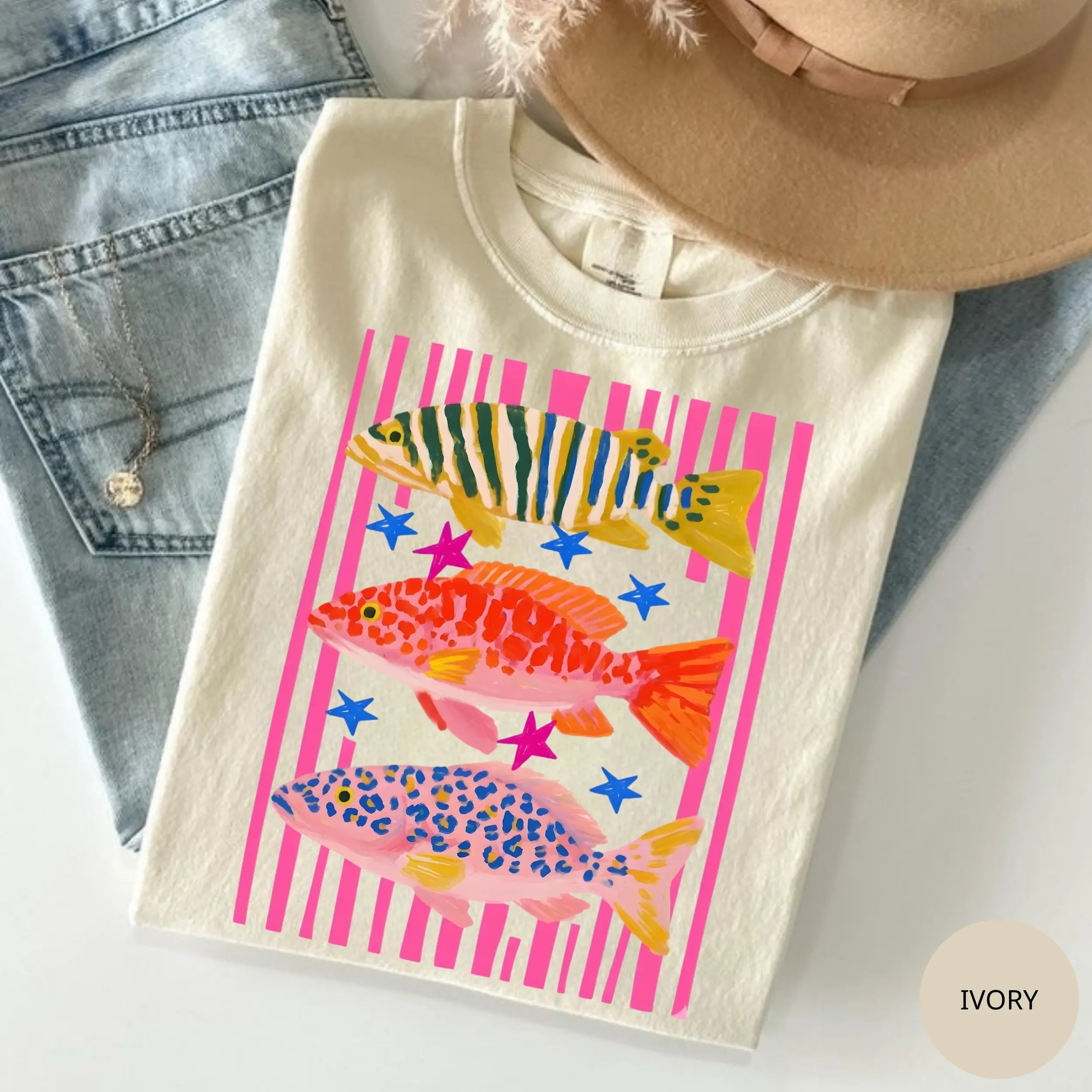 Preppy Fish Graphic T-Shirt | Colorful Summer Fishing Tee for Women Girls