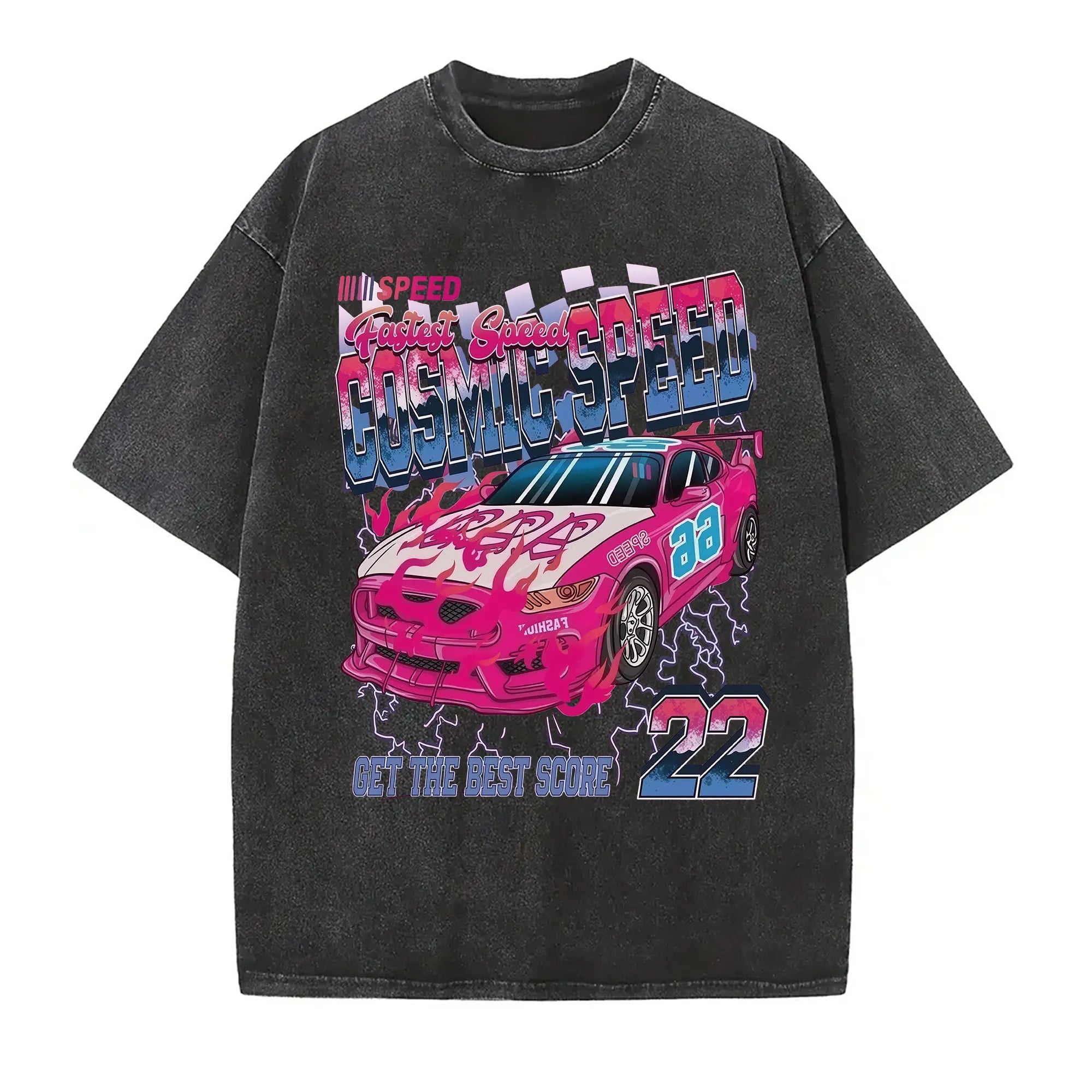 Cosmic Speed 22 Vintage Washed Racing Graphic T-Shirt Pink Race Car Oversized Tee