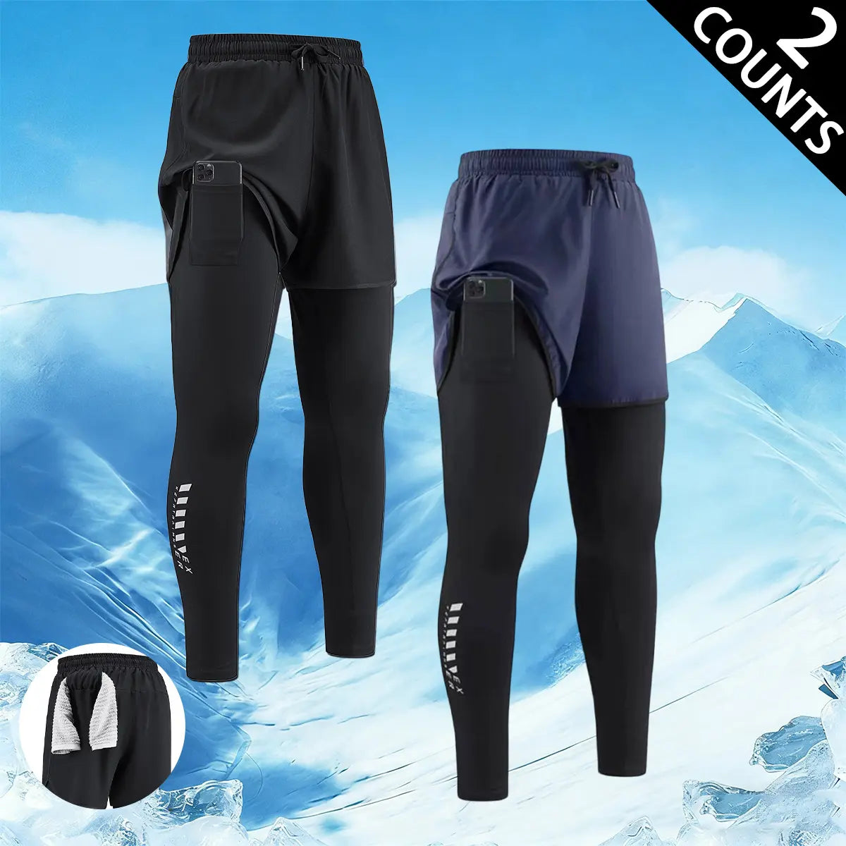 Men's 3-Piece 2-in-1 Running Tights Set - Athletic, Body-Fitting, Multi-Sport Pants with Pockets, Elastic Waistband, Quick-Dry, Breathable, Compression, Sweat-Wicking for Gym, Jogging, Training, Athletic Men's Pants, Body-Fitting Men's Pants