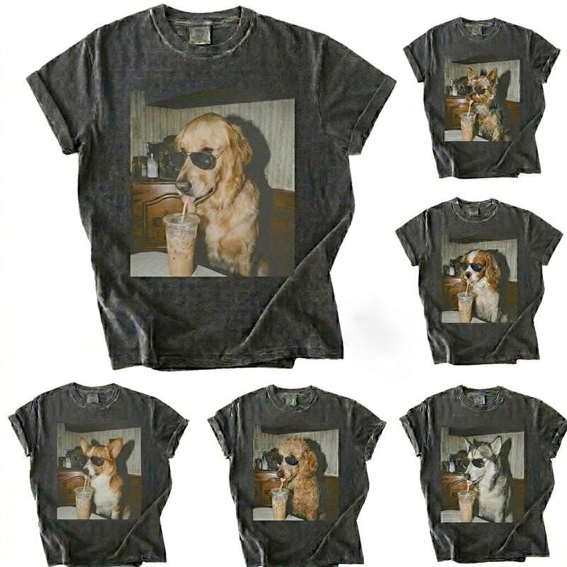 Comfort Colors Dog Drinking Iced Coffee Shirt Vintage 90s Funny Edgy Meme Unisex Tee