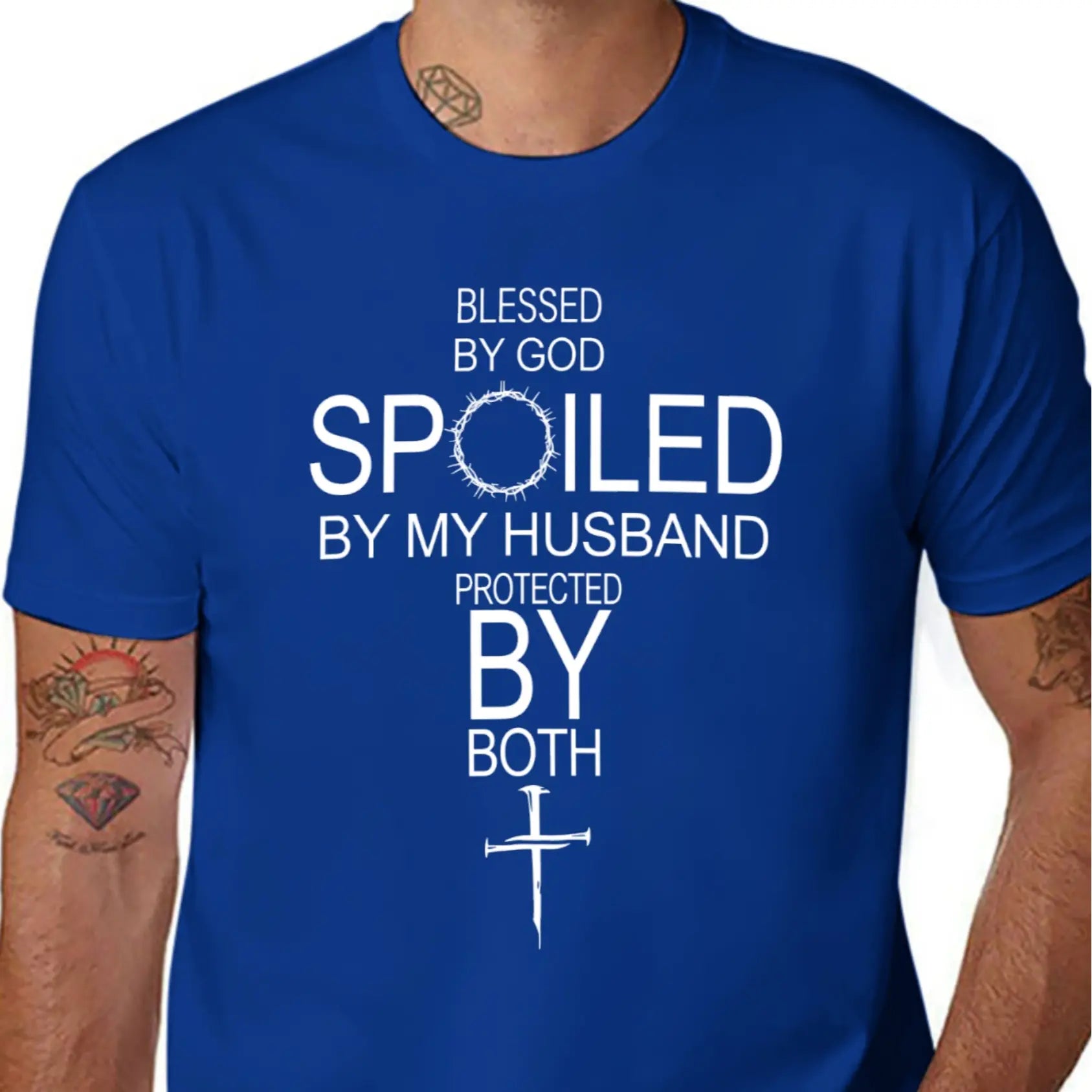Men's and woman 100% Cotton Short-Sleeve Round Neck Crew Neck T-Shirt, "By God Spoiled By My Husband Protected By Both" Graphic, Casual Chic Minimalist Black Top Unisex