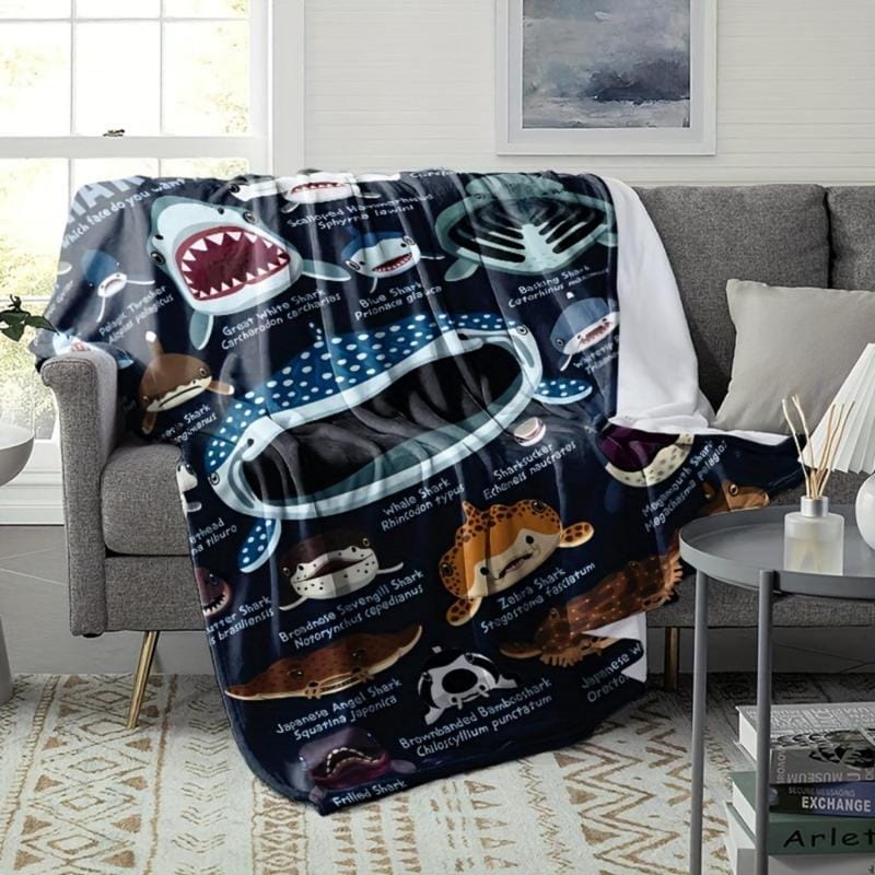 Weiche, lustige Kuscheldecke im Küstenstil mit Haifischmotiven, Flanell, Ganzjahresstrick, vielseitig einsetzbar für Reisen, Camping und als Sofadecke mit Tiermotiven