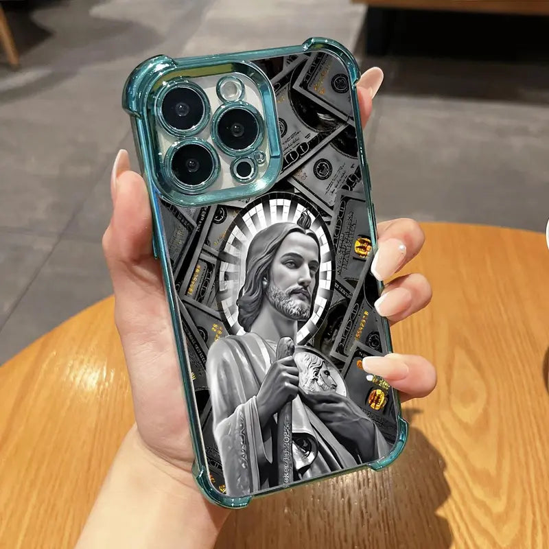 San Judas Tadeo Electroplated TPU Shockproof Phone Case for iPhone X–17 Pro Max
