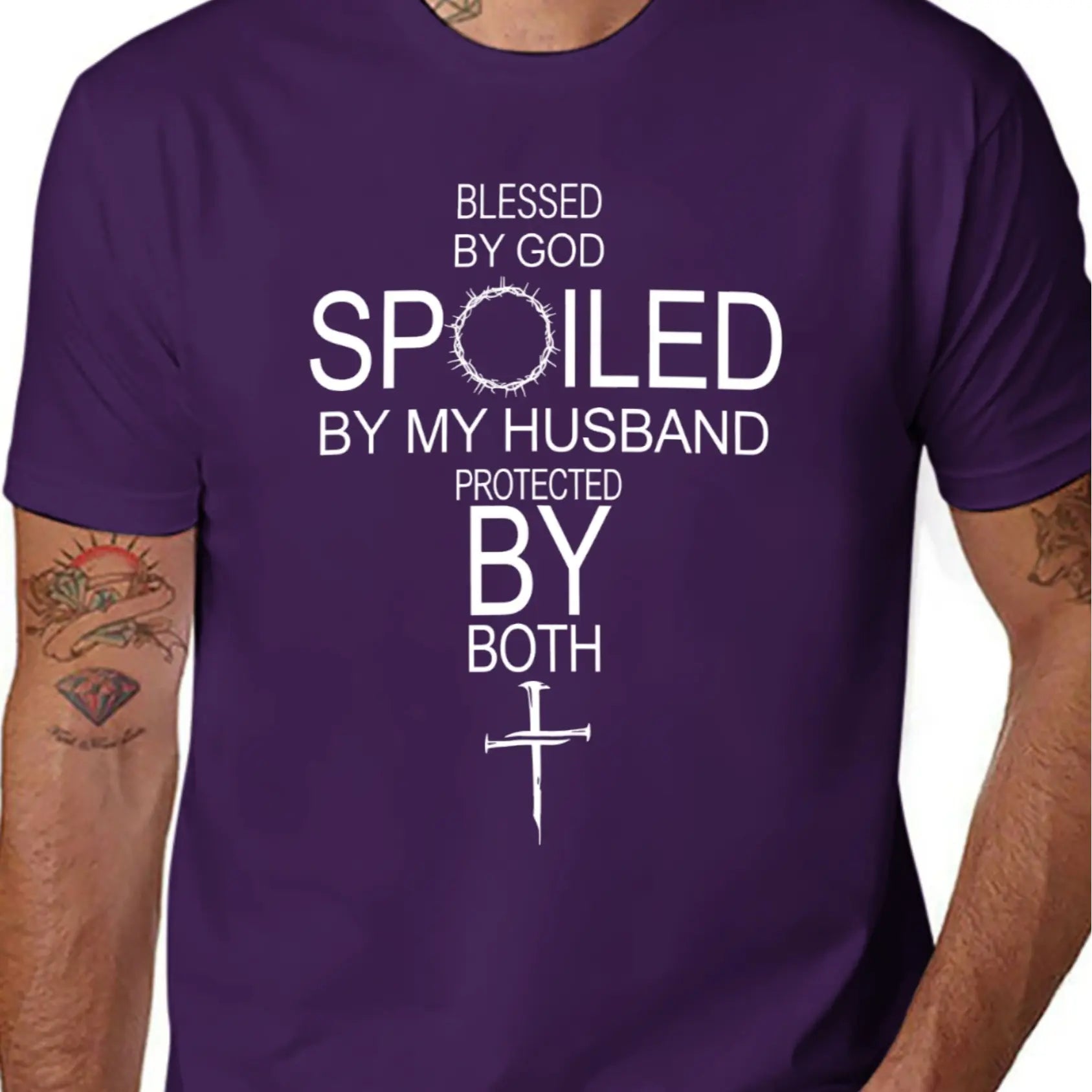 Men's and woman 100% Cotton Short-Sleeve Round Neck Crew Neck T-Shirt, "By God Spoiled By My Husband Protected By Both" Graphic, Casual Chic Minimalist Black Top Unisex