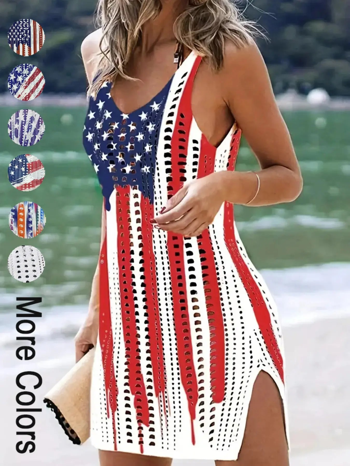 Women's American Flag Pattern Hollow Out Split Thigh Tank Dress, Star & Striped Print Scoop Neck A Line Dress for Summer, Fashion Women's Dress for Beach Holiday