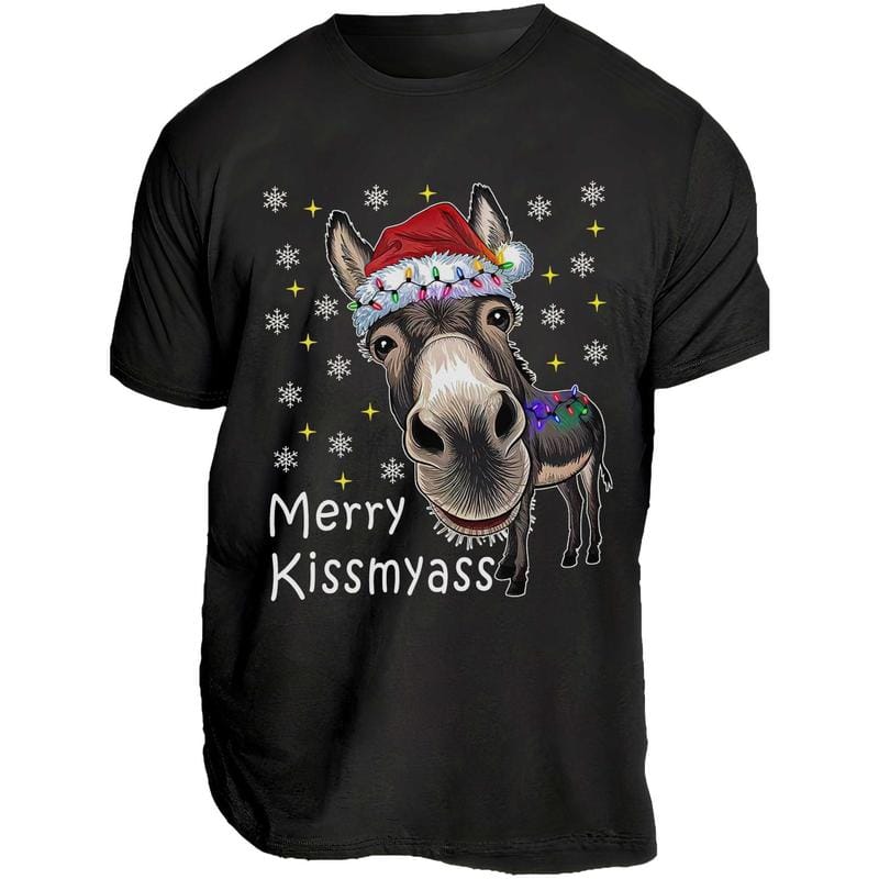 Lustige Weihnachtsmannmütze mit Eselmotiv und T-Shirt mit dem Aufdruck „MERRY KISSMYASS“ – Unisex-Freizeit-T-Shirt – Humorvolles Outfit für die Weihnachtsfeier 
