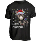 Lustige Weihnachtsmannmütze mit Eselmotiv und T-Shirt mit dem Aufdruck „MERRY KISSMYASS“ – Unisex-Freizeit-T-Shirt – Humorvolles Outfit für die Weihnachtsfeier 