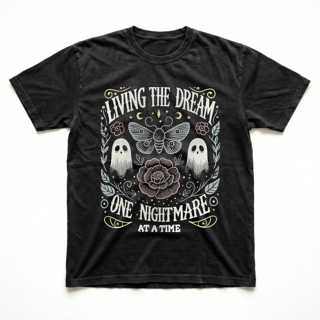 Women's Soft Fabric Vintage-Inspired Streetwear Short-Sleeve T-Shirt - "Living The Dream 1 Nightmare At A Time" Graphic, Loose Casual Chic Everyday Tee, Spring Glow Up, Outdoor Fun