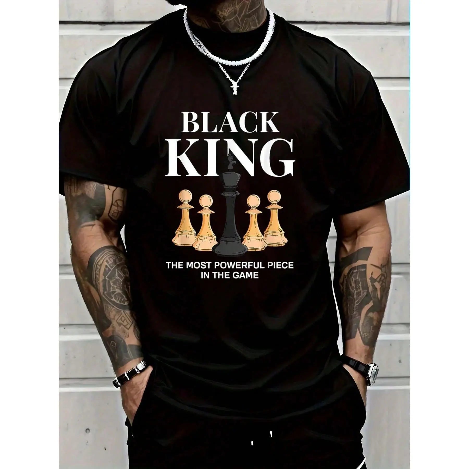 Men's Graphic T-Shirt with 'The Most Powerful Piece' Chess King Print, Breathable 100% Cotton Relaxed Fit Short Sleeve Tee