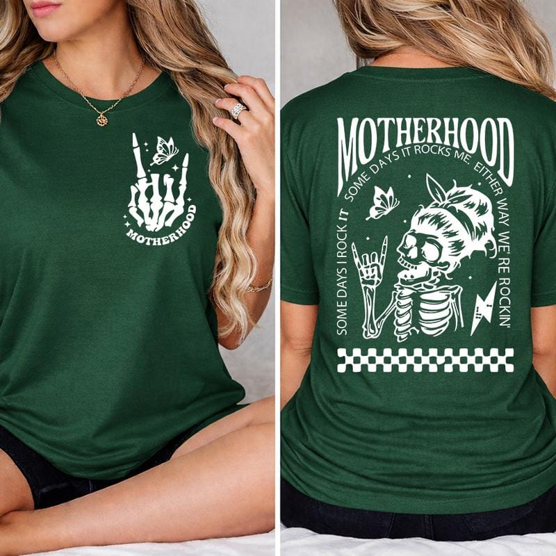 \"Motherhood: Sometimes I Rock It, Sometimes It Rocks Me\" shirt – a perfect unisex cotton tee or sweatshirt for moms, great for Mother's Day!