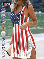Women's American Flag Pattern Hollow Out Split Thigh Tank Dress, Star & Striped Print Scoop Neck A Line Dress for Summer, Fashion Women's Dress for Beach Holiday