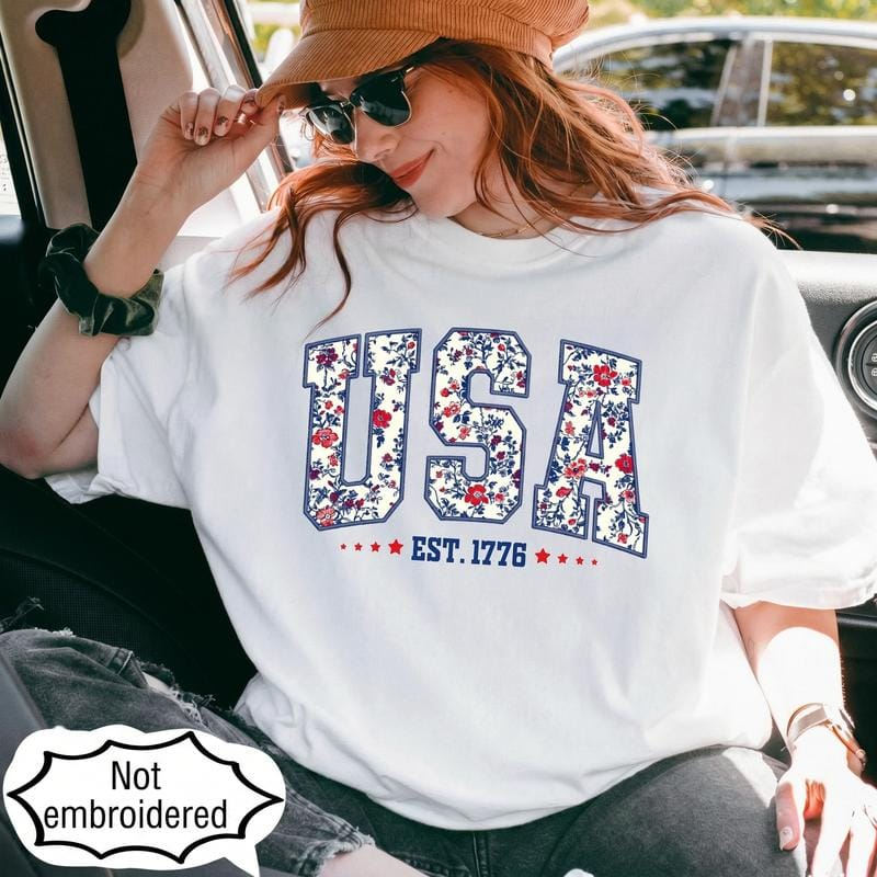 (FAUX EMBROIDERED-PRINT) Comfort Colors Floral USA Shirt, Digital Print, Not Embroidered, vinyl ink, Retro America Shirt, 4th Of July PNG, 4th Of July, Retro USA ,Soft Cotton, Unisex Fit, Classic Design Oversized Womenswear - HARSIN