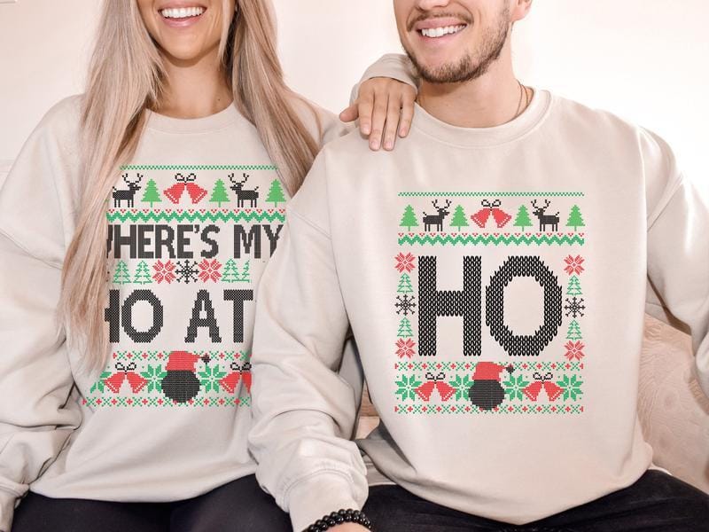 Lustige Weihnachtspullover für Paare, „Where's My Ho At“- und „Ho“-Weihnachtspullover, Partnerlook-Shirts für die Weihnachtsfeier, Partnerlook-Shirts für Ehepaare 