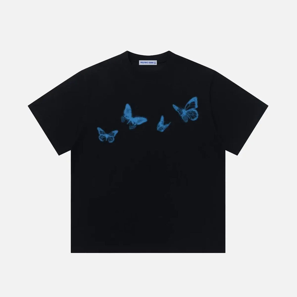 Aelfric Eden Blurring Butterfly Print Tee Oversized Fit Blurring Butterfly Graphic Psychedelic Print Y2K Unisex Streetwear Top