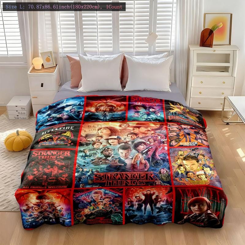Stranger Things-Themendecke, ausdrucksstarkes Poster-Motiv, lebendige Sci-Fi-Atmosphäre, weich und kuschelig, perfekt für Sofa, Bett oder als Dekoration, herzerwärmendes Geschenk