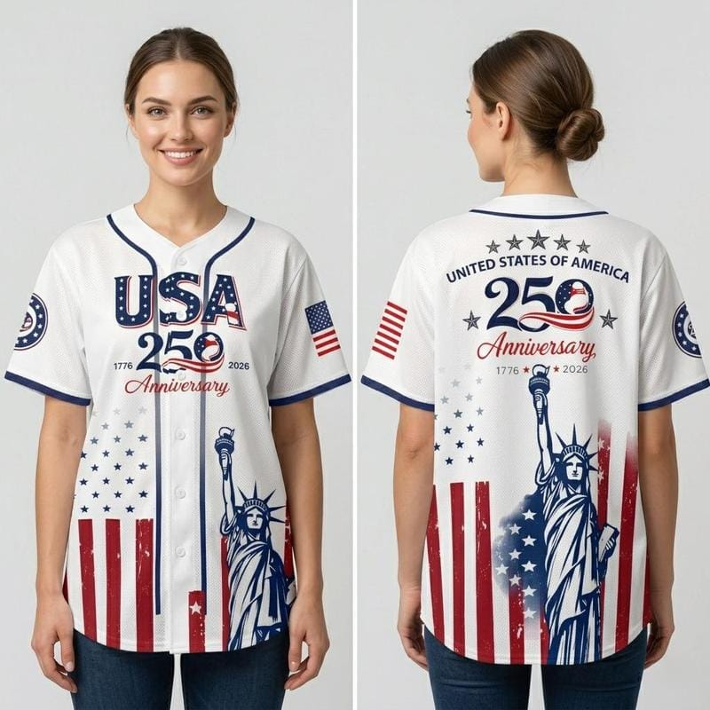 USA 250th Anniversary Baseball Jersey, Patriotic Statue of Liberty Print Shirt, Unisex Independence Day 4th of July Outfit, 1776–2026 Semiquincentennial Patriotic Jersey