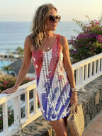 Women's American Flag Pattern Hollow Out Split Thigh Tank Dress, Star & Striped Print Scoop Neck A Line Dress for Summer, Fashion Women's Dress for Beach Holiday