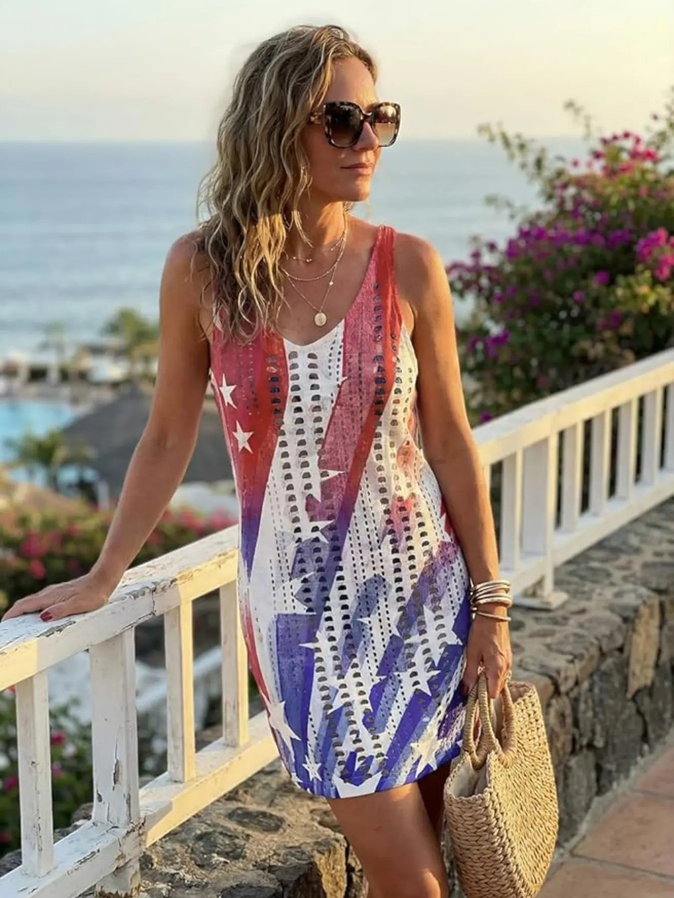 Women's American Flag Pattern Hollow Out Split Thigh Tank Dress, Star & Striped Print Scoop Neck A Line Dress for Summer, Fashion Women's Dress for Beach Holiday
