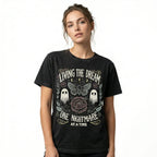 Women's Soft Fabric Vintage-Inspired Streetwear Short-Sleeve T-Shirt - "Living The Dream 1 Nightmare At A Time" Graphic, Loose Casual Chic Everyday Tee, Spring Glow Up, Outdoor Fun