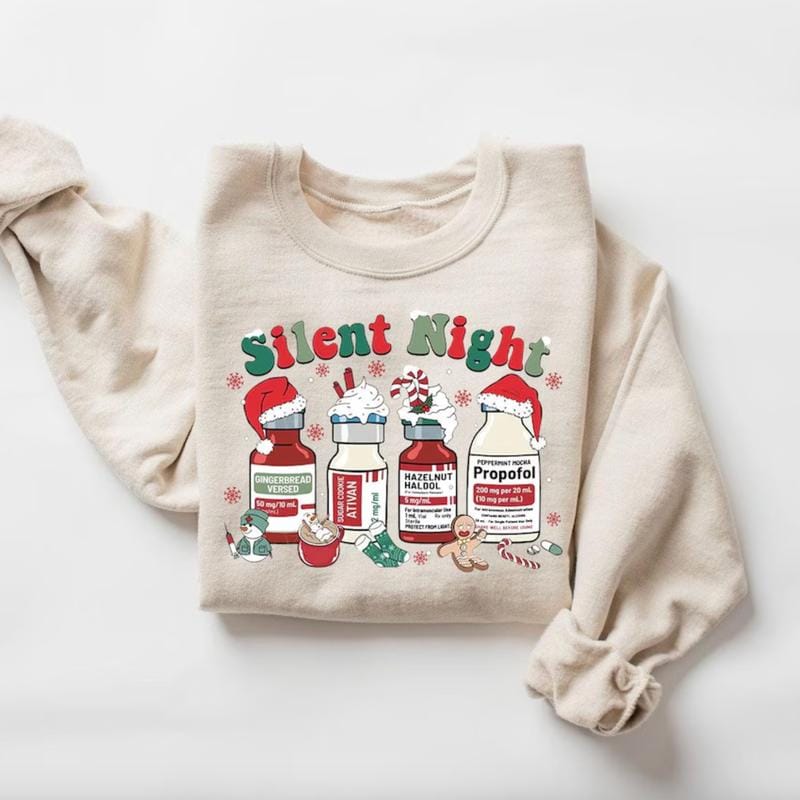 Weihnachtspullover „Stille Nacht“, Weihnachtsshirt für Krankenschwestern, Weihnachtsshirt für medizinisches Fachpersonal, Weihnachtsshirt für Intensivpflegekräfte, Weihnachtshoodie für Krankenschwestern, Geschenkidee für Pflegekräfte 